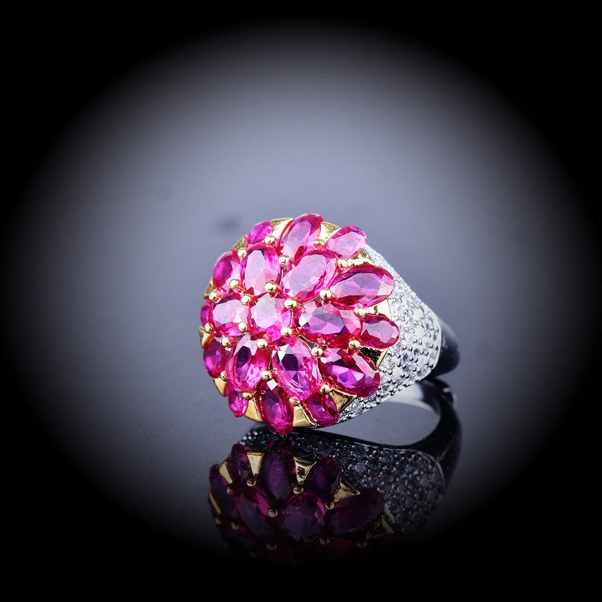 Vintage High-End Fuchsia Cone Flower Rhinestone Ring - QUGEX
