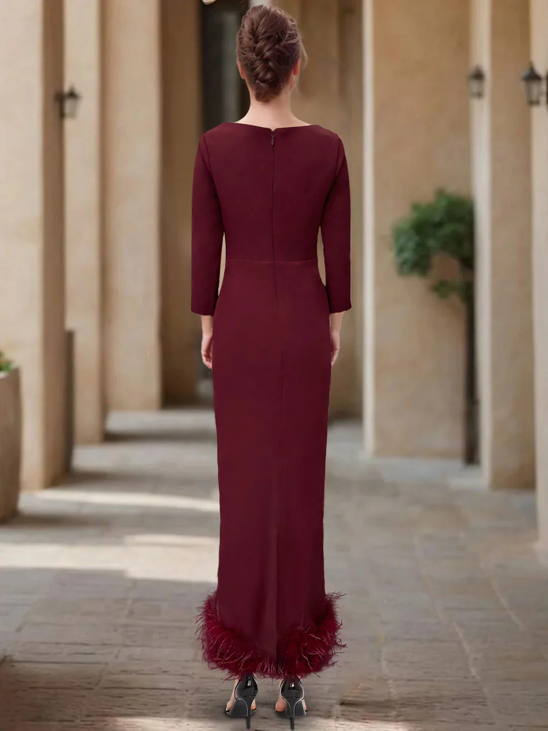 Sheath/Column Scoop Neck Ankle Length Elegant Mother of the Bride  & Groom Dresses with Feather - QUGEX