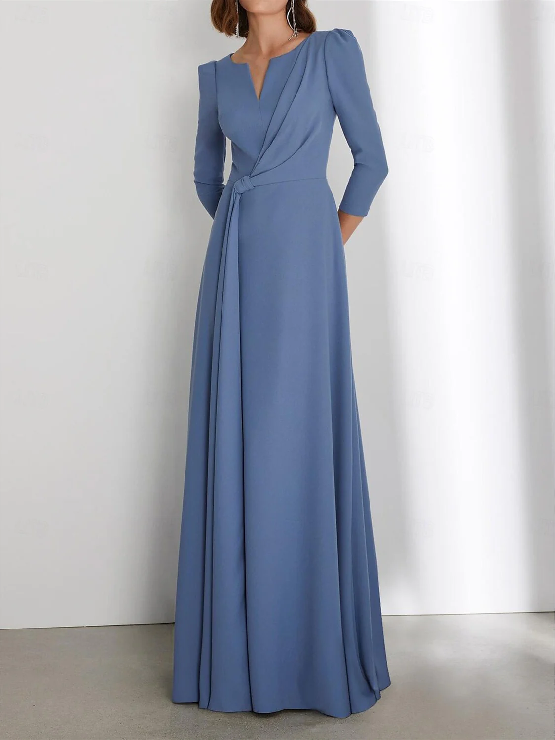 Sheath/Column  Floor Length 3/4 Length Sleeve V Neck  Wedding Guest Dresses with Criss Cross Ruched - QUGEX