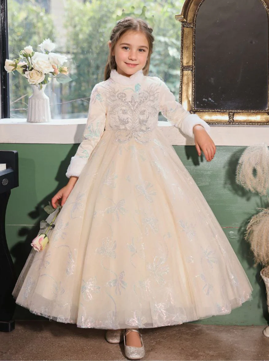 Long Sleeves Winter High Neck A-Line/Princess Embroidery Girl Party Dress Full Long - QUGEX