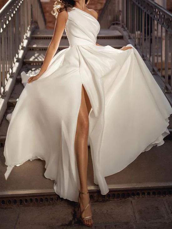 A-Line/Princess One-Shoulder Floor-Length Wedding Dress With Split Side - QUGEX