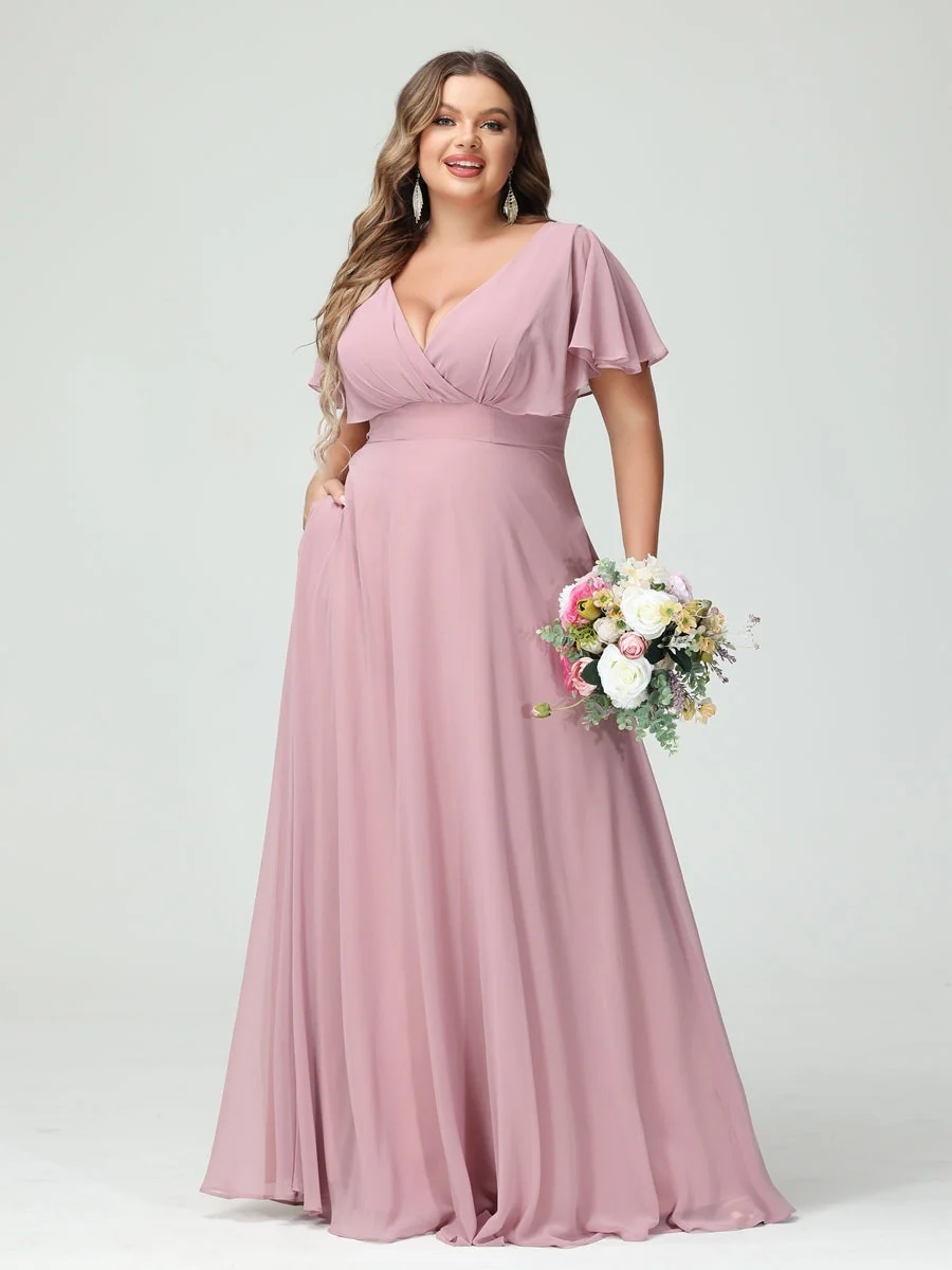 A-Line/Princess V-Neck Short Sleeves Chiffon Plus Size Bridesmaid Dresses with Pockets - QUGEX