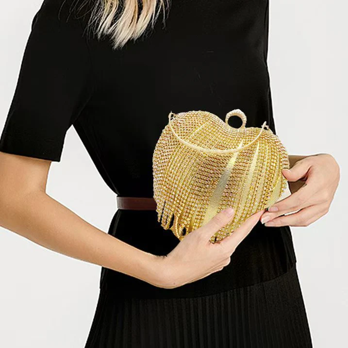 Gold Elegant Heart PU High-End Evening Clutch Bag with Rhinestone & Tassels - QUGEX