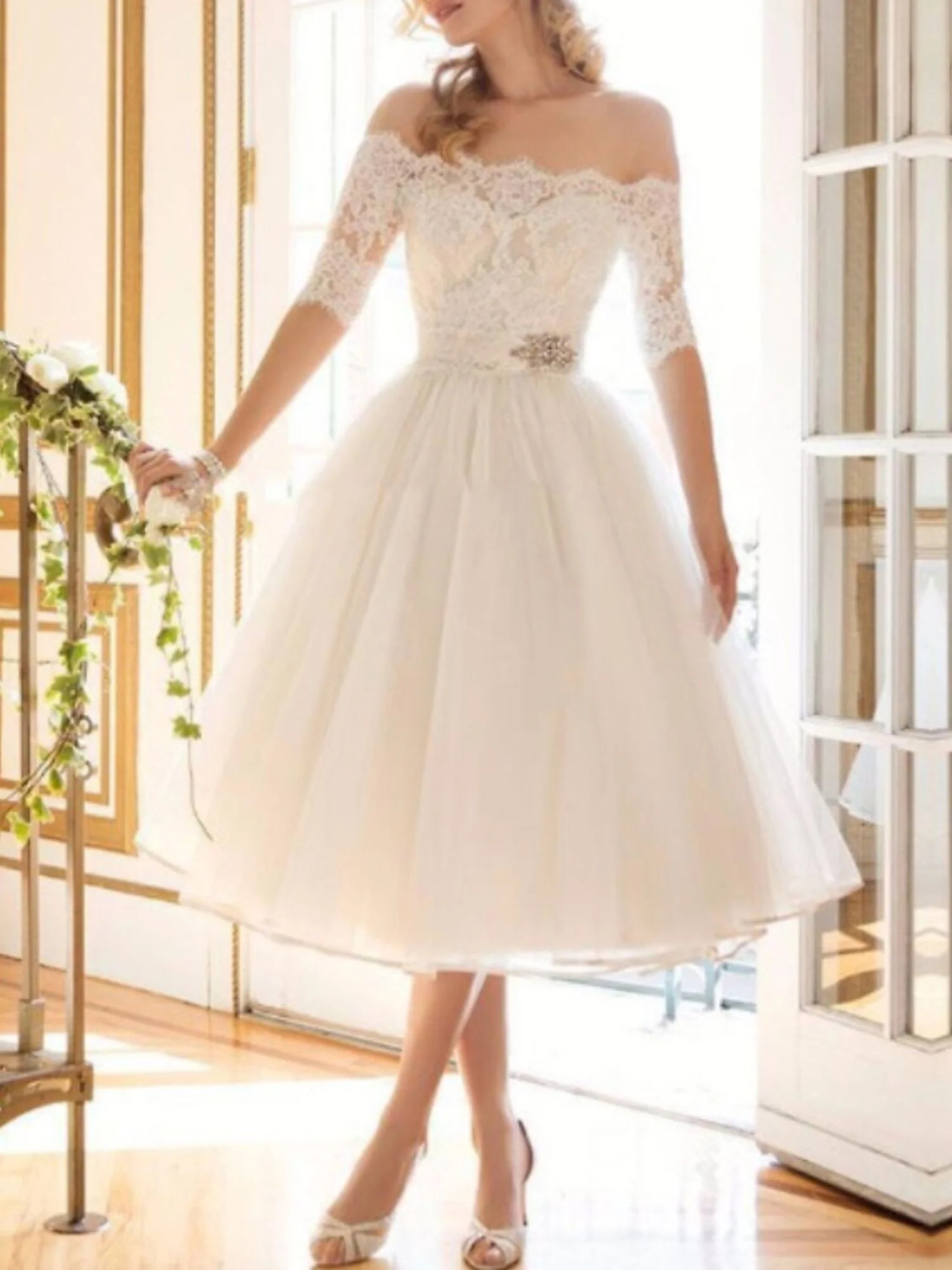 A-Line/Princess Lace Tulle Off-the-shoulder Half Sleeves Tea Length Appliques Wedding Dress - QUGEX