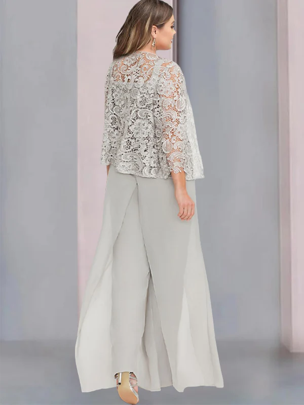 Chiffon Square Neck Floor-Length Plus Size Mother of the Bride Pantsuits with Jacket & Split Side - QUGEX