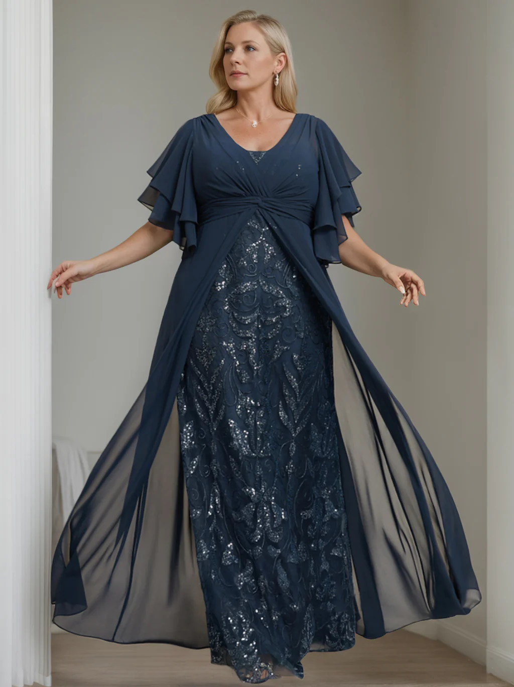 A-Line/Princess V-Neck Half Sleeves Floor-Length Plus Size Mother of the Bride Dresses with Pleated - QUGEX