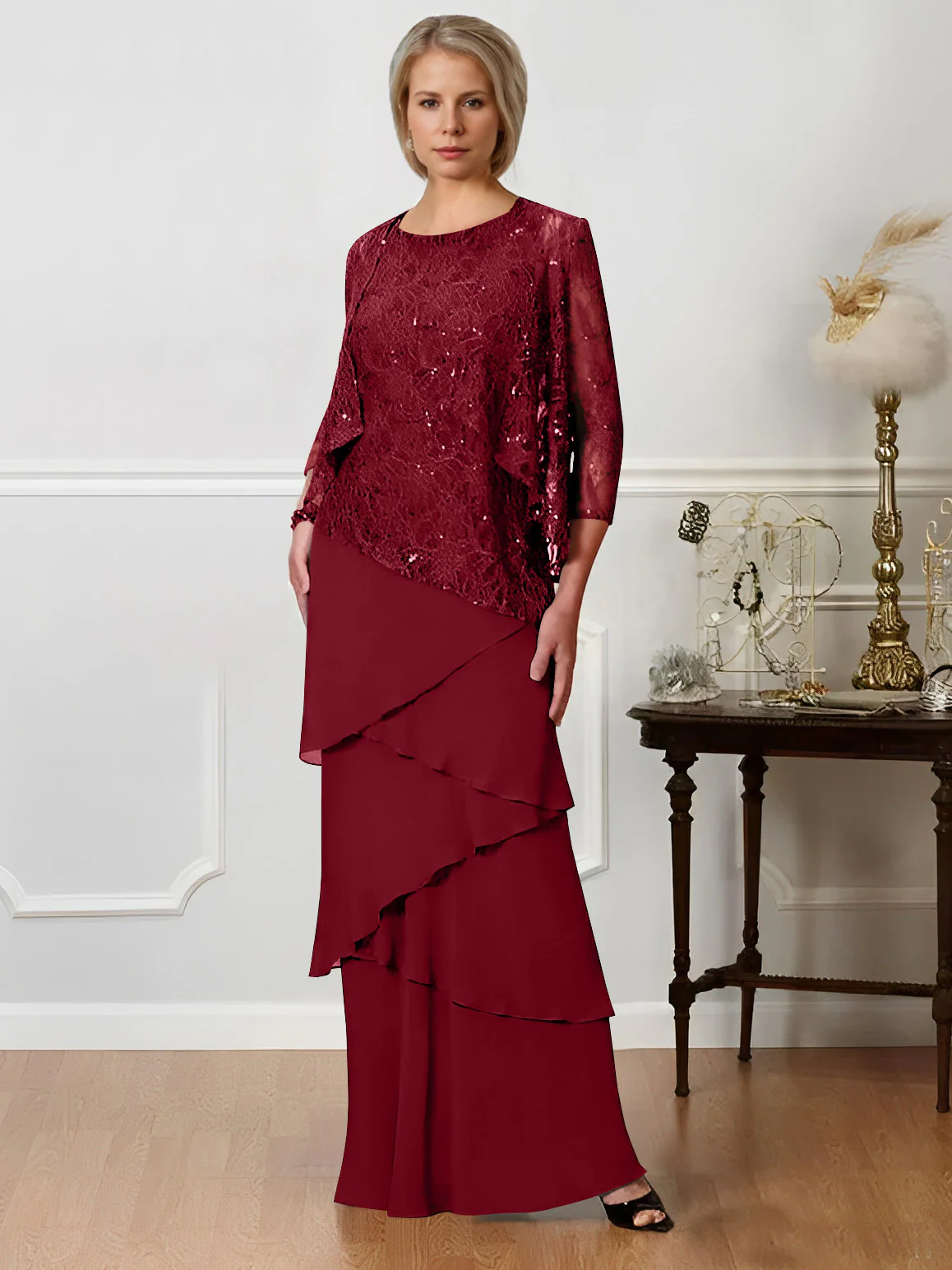 A-Line/Princess Jewel Neck Floor-Length Mother of the Bride Dresses - QUGEX