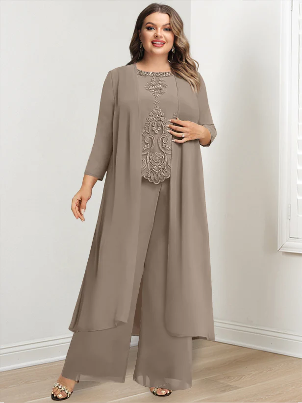 Chiffon Round Neck Floor-Length Plus Size Mother Of The Bride Pantsuits With Jacket & Applique - QUGEX