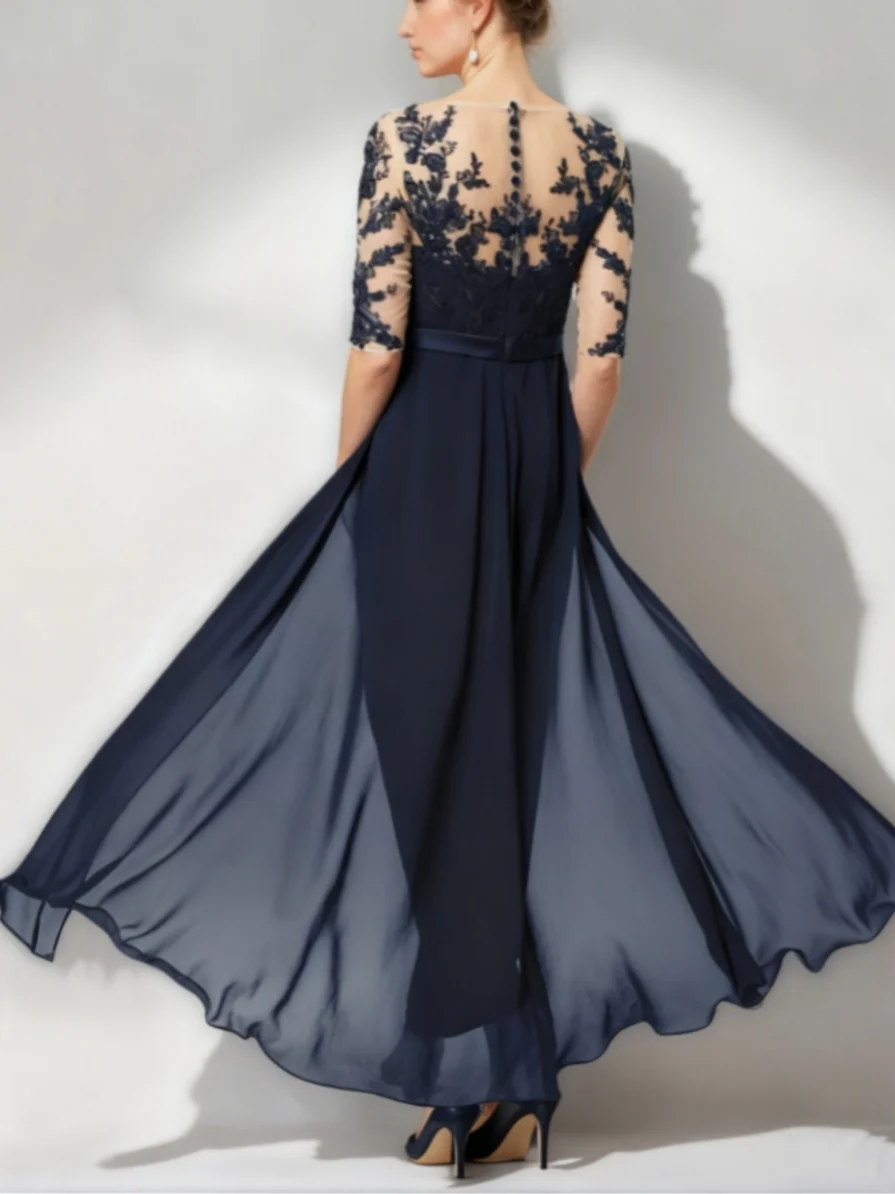 Scoop Chiffon Mother of the Bride Jumpsuit Lace Ankle-Length Half Sleeves Wedding Guest Dress - QUGEX