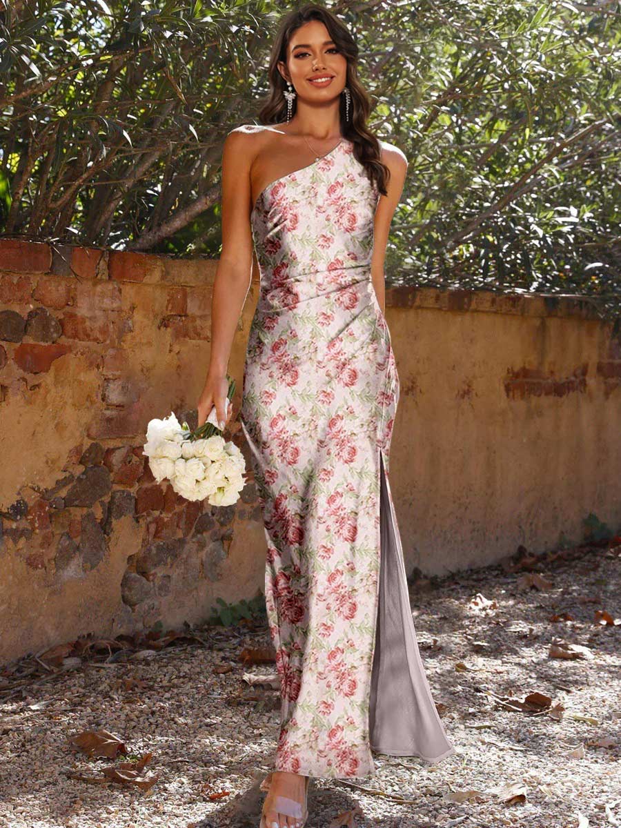 Sheath/Column One-Shoulder Sleeveless Printed Floral Ruched Bridesmaid Dresses with High Split - QUGEX
