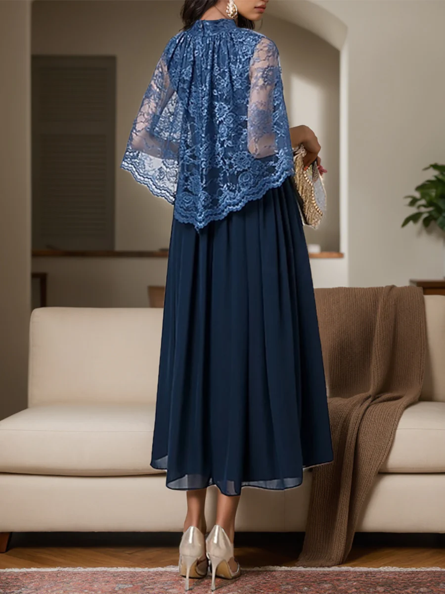 A-Line High Neck Chiffon Tea-Length Mother of the Bride & Groom Dresses with Lace Appliques - QUGEX