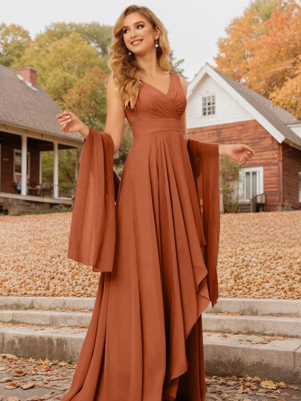 A-Line/Princess V-Neck Sleeveless Floor-Length Asymmetrical Bridesmaid Dresses with Ruffles - QUGEX