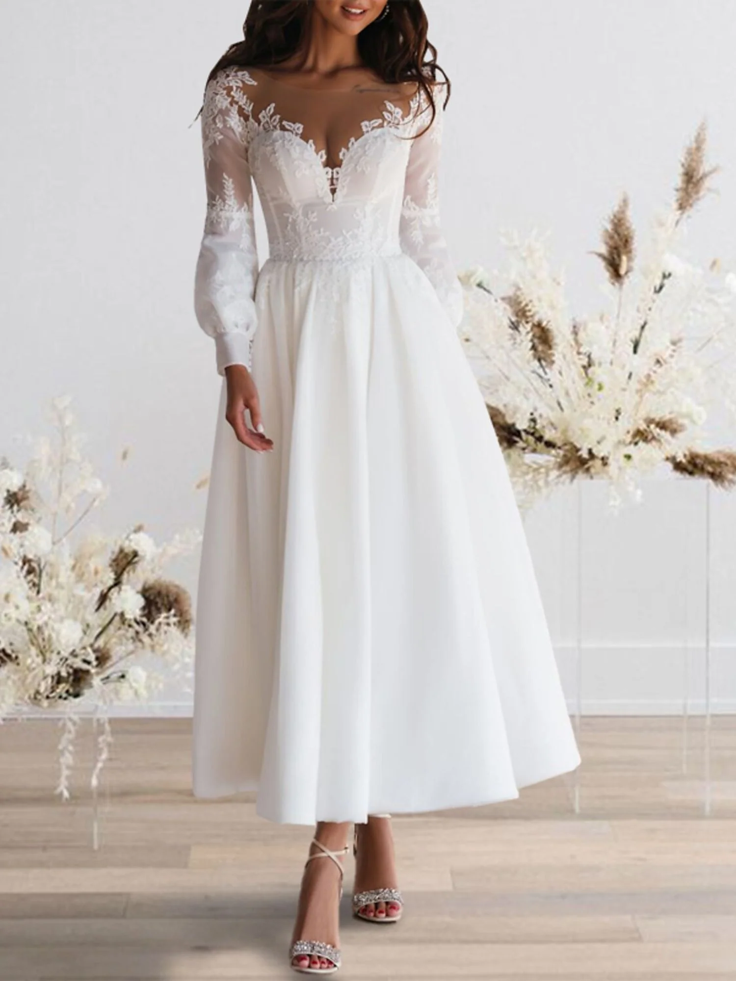 A-Line/Princess Sweetheart Long Sleeves Ankle Length Lace Wedding Dress - QUGEX