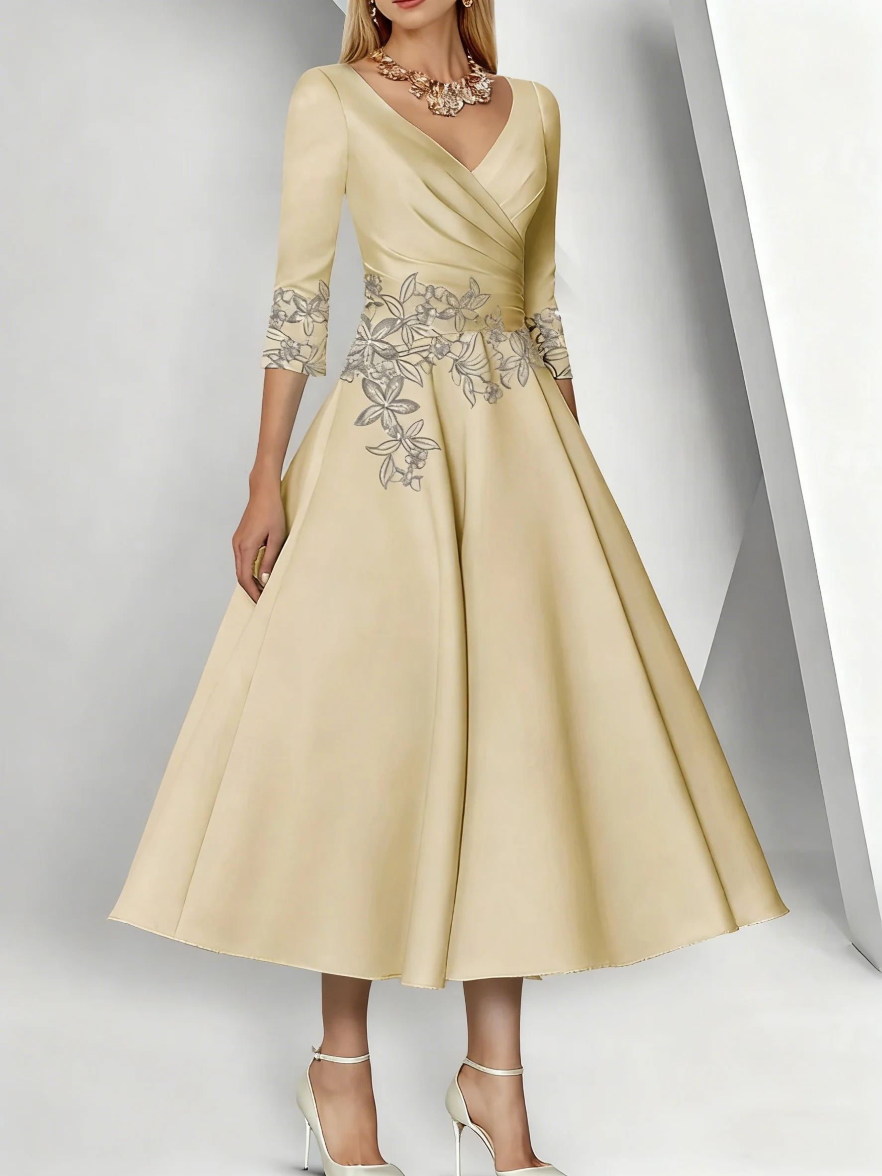 A-Line/Princess V-Neck Satin Mother of the Bride Dresses 3/4 Sleeves Pleated Lace Tea-Length - QUGEX
