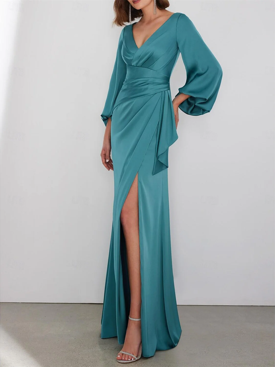 A-Line  Floor Length Long Sleeve V Neck Wedding Guest Dresses Tie Charmeuse with Ruched - QUGEX