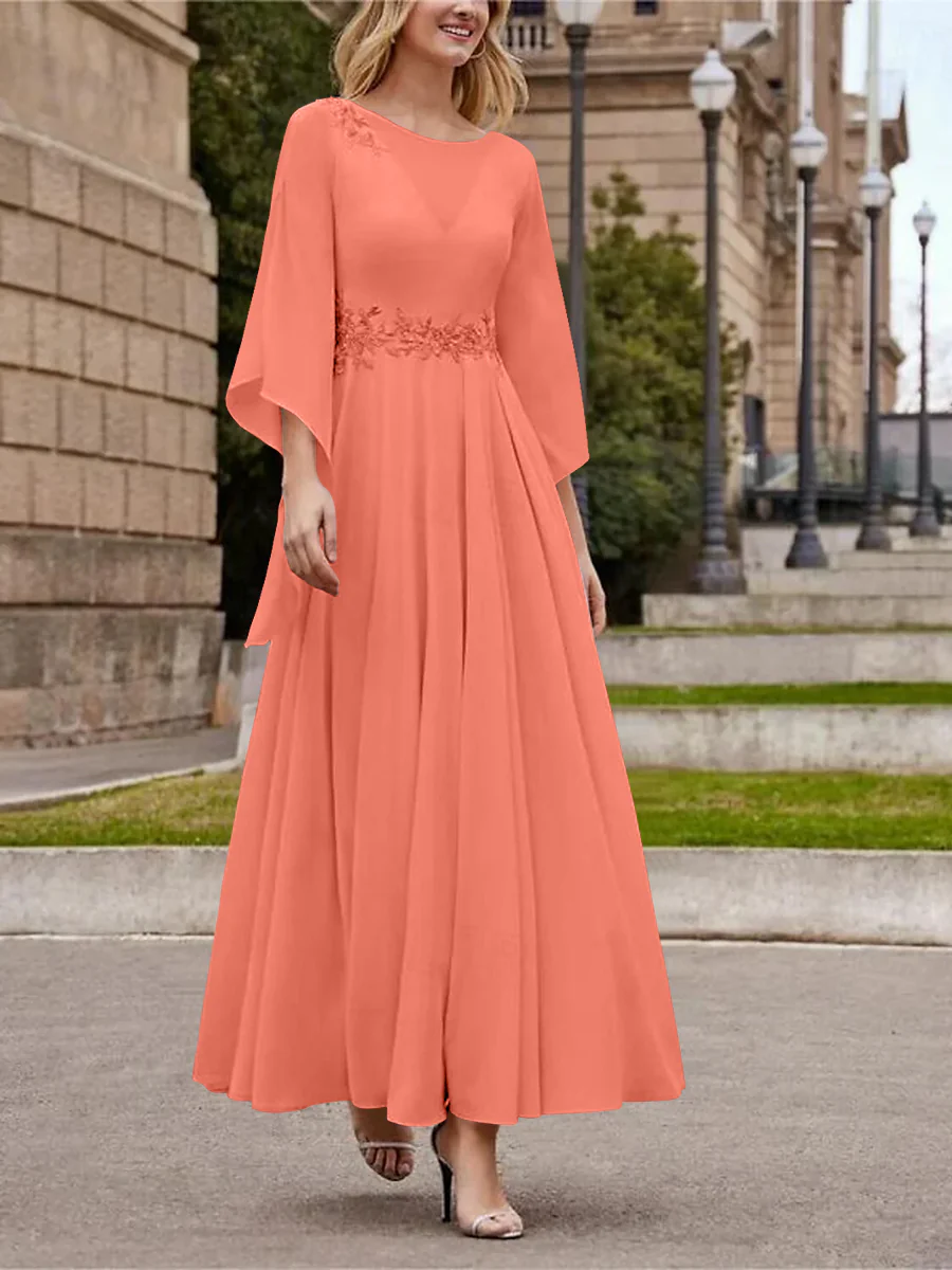 A-Line/Princess Jewel Neck 3/4 Length Sleeve Ankle-Length Mother of the Bride Dresses with Sequins - QUGEX