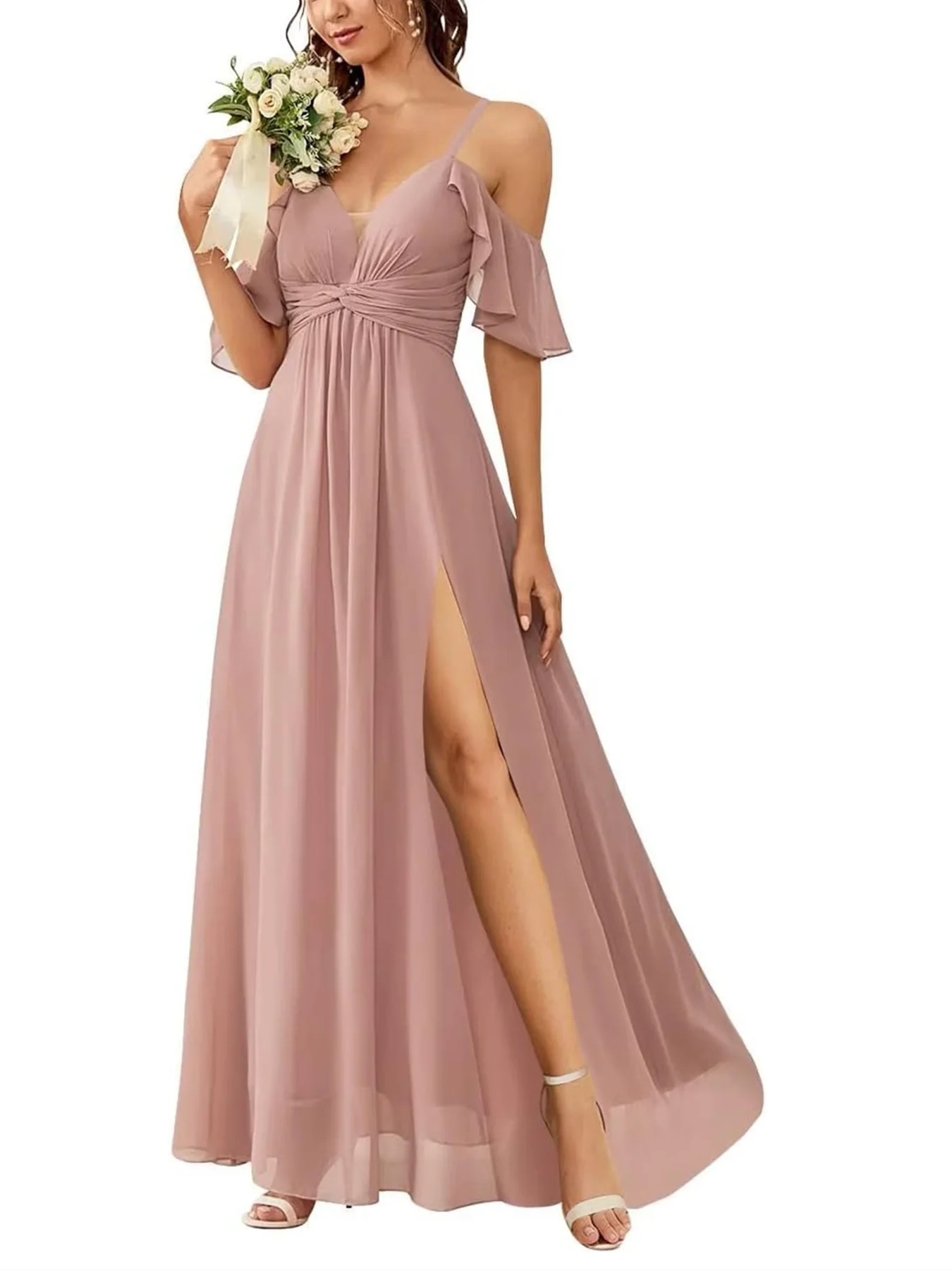 A-Line/Princess Off-the-Shoulder Floor-Length Bridesmaid Dresses with Pockets - QUGEX