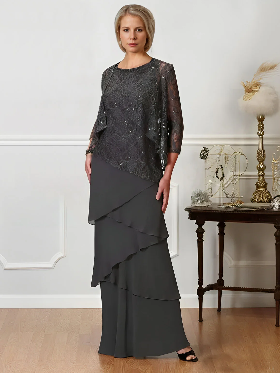 A-Line/Princess Jewel Neck Floor-Length Mother of the Bride Dresses - QUGEX