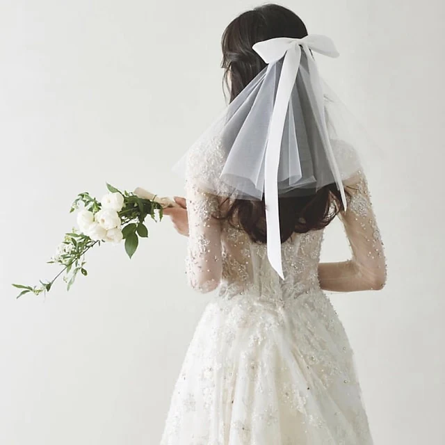 Two-tier Sweet Style Wedding Veils with Satin Bow - QUGEX