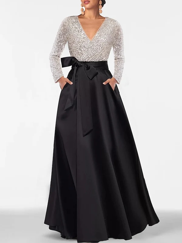 A-Line/Princess V-Neck Long Sleeves Floor-Length Mother of the Bride Dresses With Pocket & Sequins - QUGEX