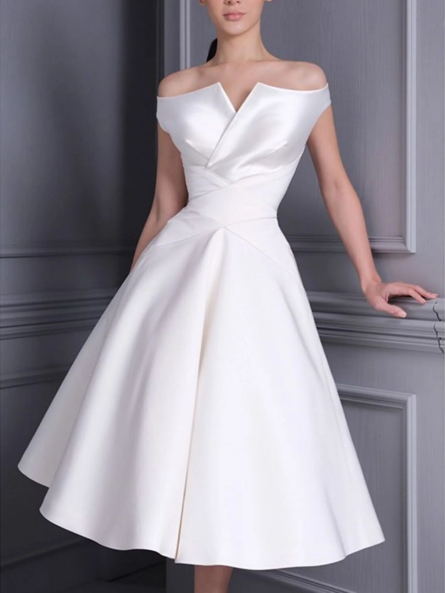 A-Line/Princess Off-the-shoulder Short Sleeves Tea Length luxurious Wedding Dress With Ruffle - QUGEX