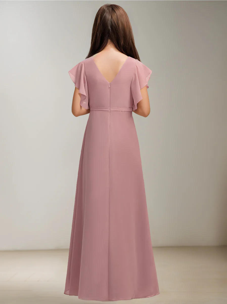 A-Line/Princess V-Neck Short Sleeves Junior Bridesmaid Dress with Ruffles - QUGEX
