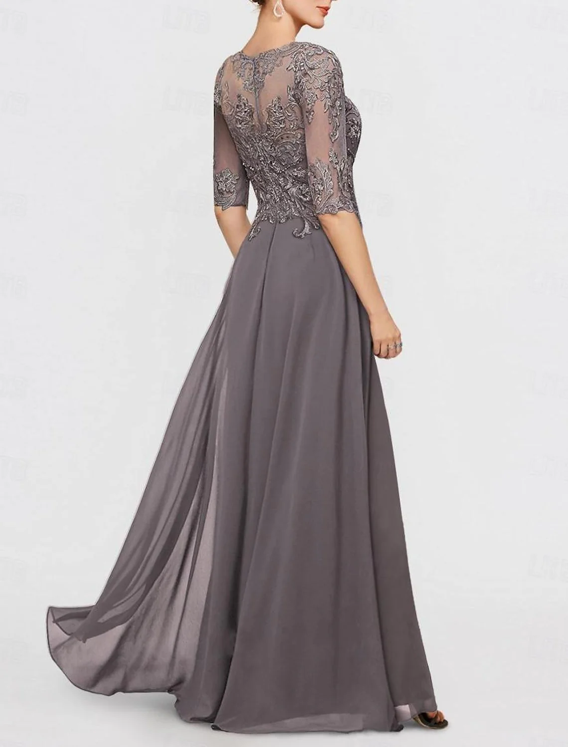 Chiffon Jewel Neck Half Sleeves Ankle-Length Mother of the Bride Pantsuits with Lace - QUGEX