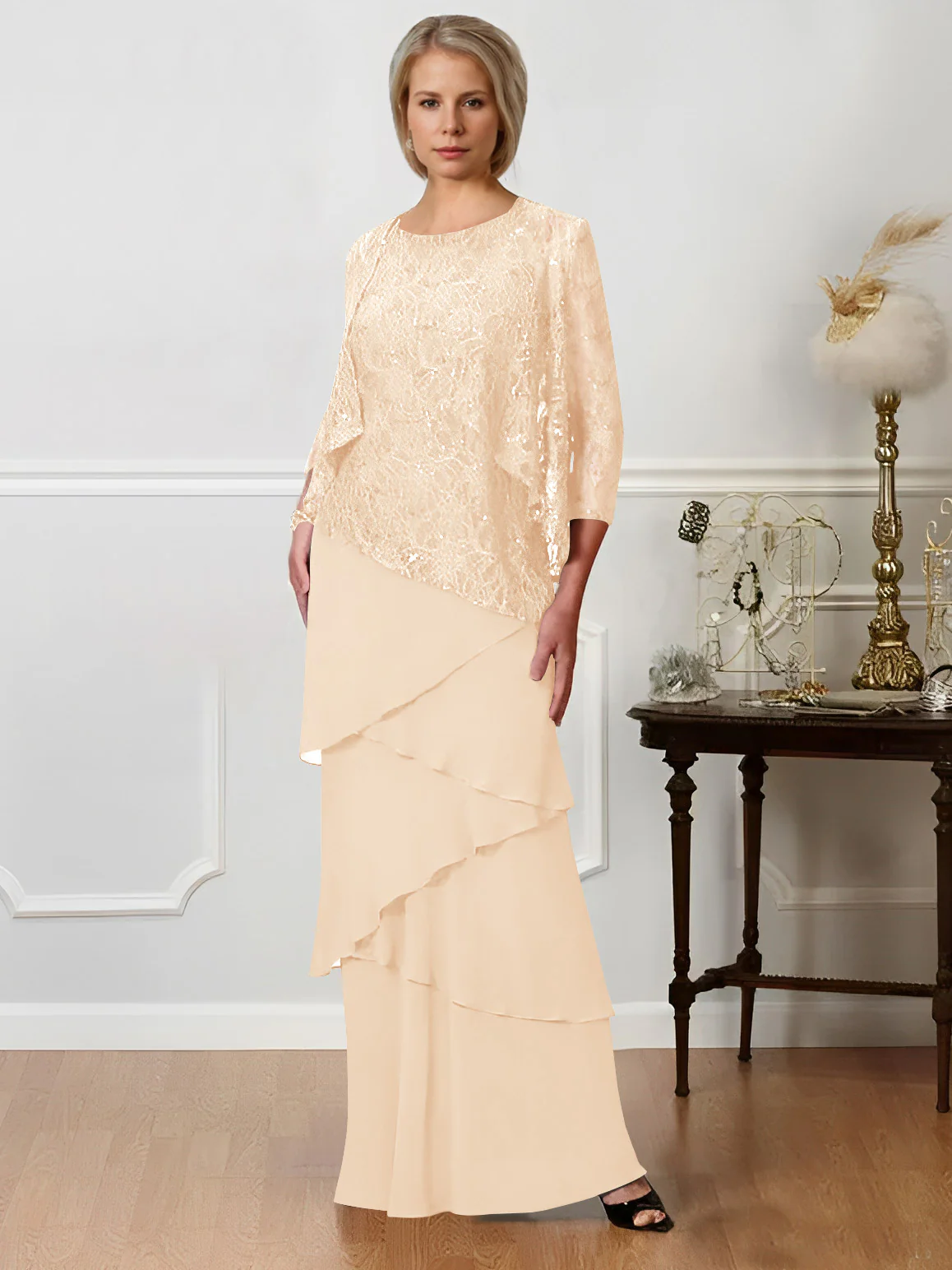 A-Line/Princess Jewel Neck Floor-Length Mother of the Bride Dresses - QUGEX