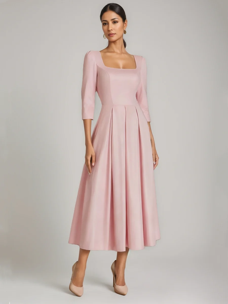 A-Line/Princess Square Collar Satin Mother of the Bride Dresses 3/4 Sleeves Ankle-Length Pleated - QUGEX