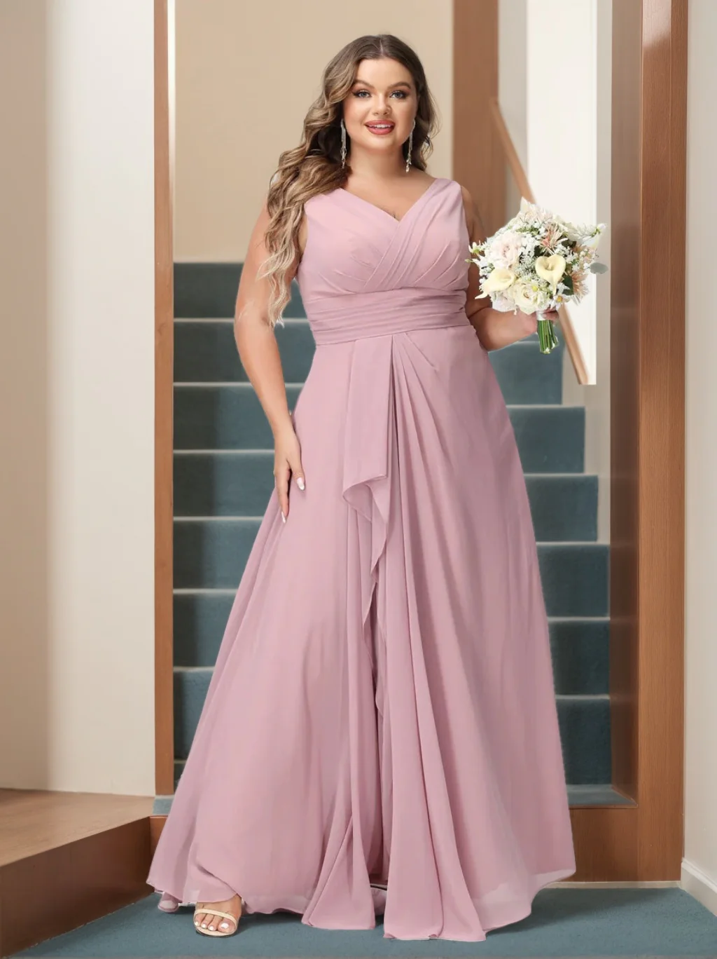 A-Line/Princess V-Neck Sleeveless Chiffon Ruffles Plus Size Bridesmaid Dresses with Pockets & Ruffles - QUGEX