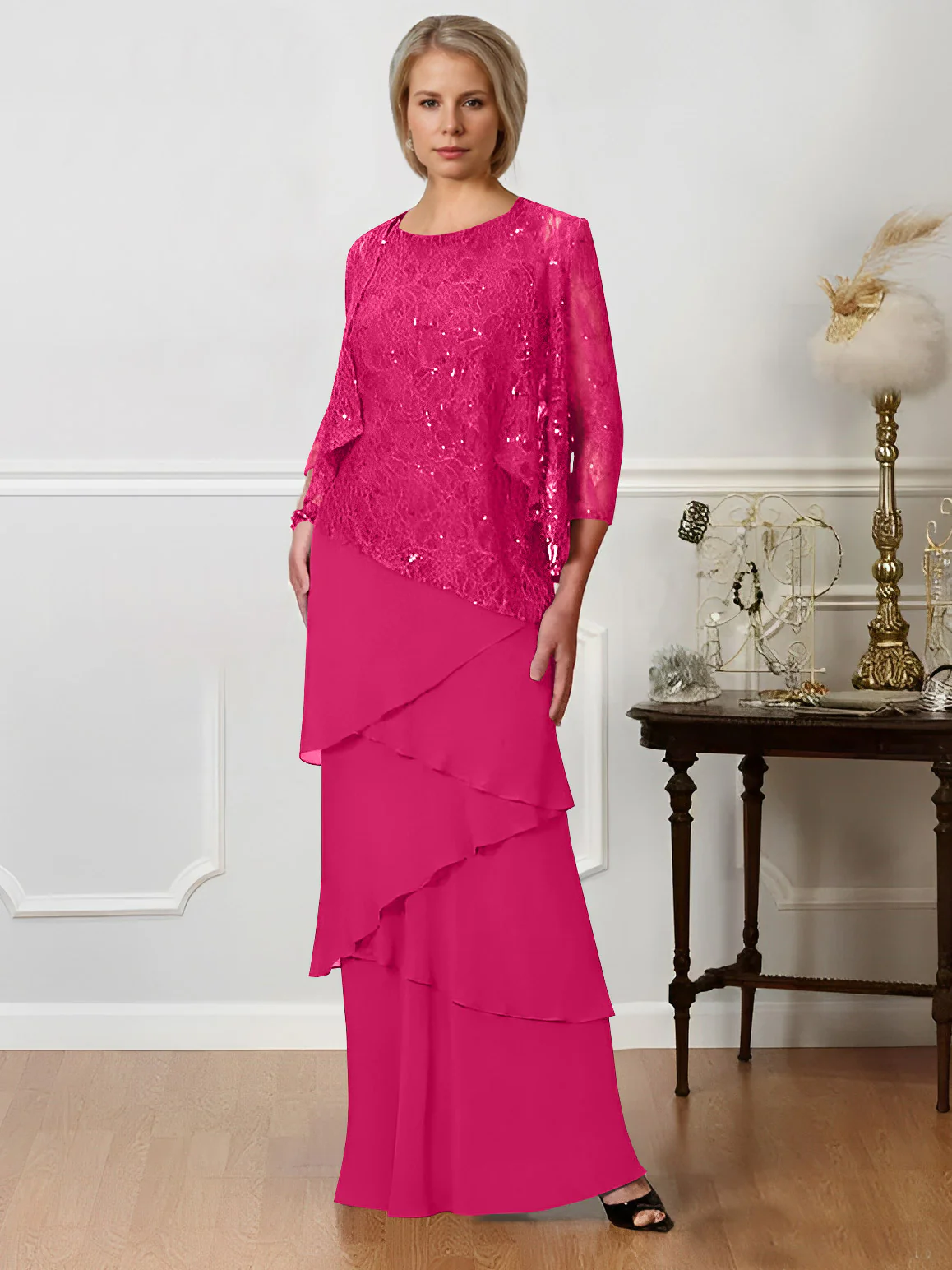 A-Line/Princess Jewel Neck Floor-Length Mother of the Bride Dresses - QUGEX