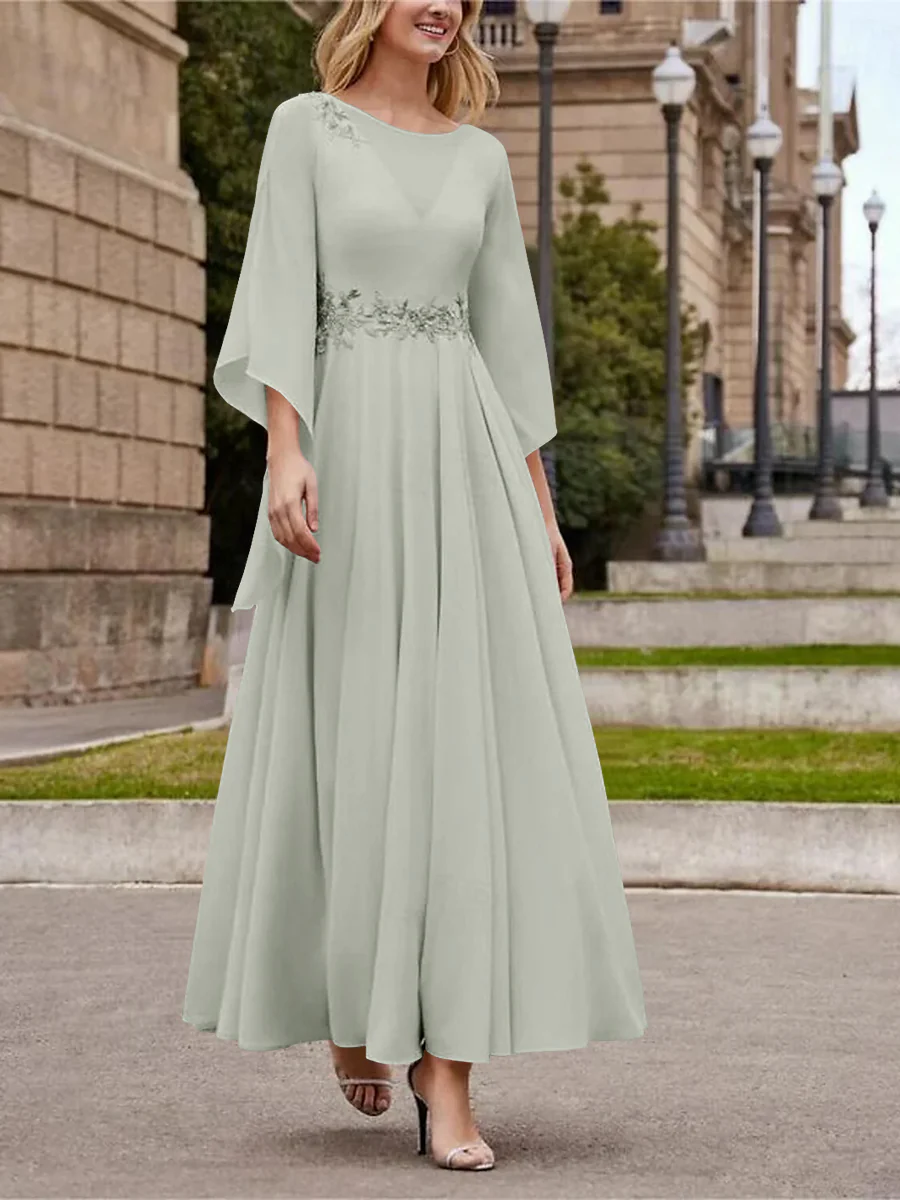 A-Line/Princess Jewel Neck 3/4 Length Sleeve Ankle-Length Mother of the Bride Dresses with Sequins - QUGEX