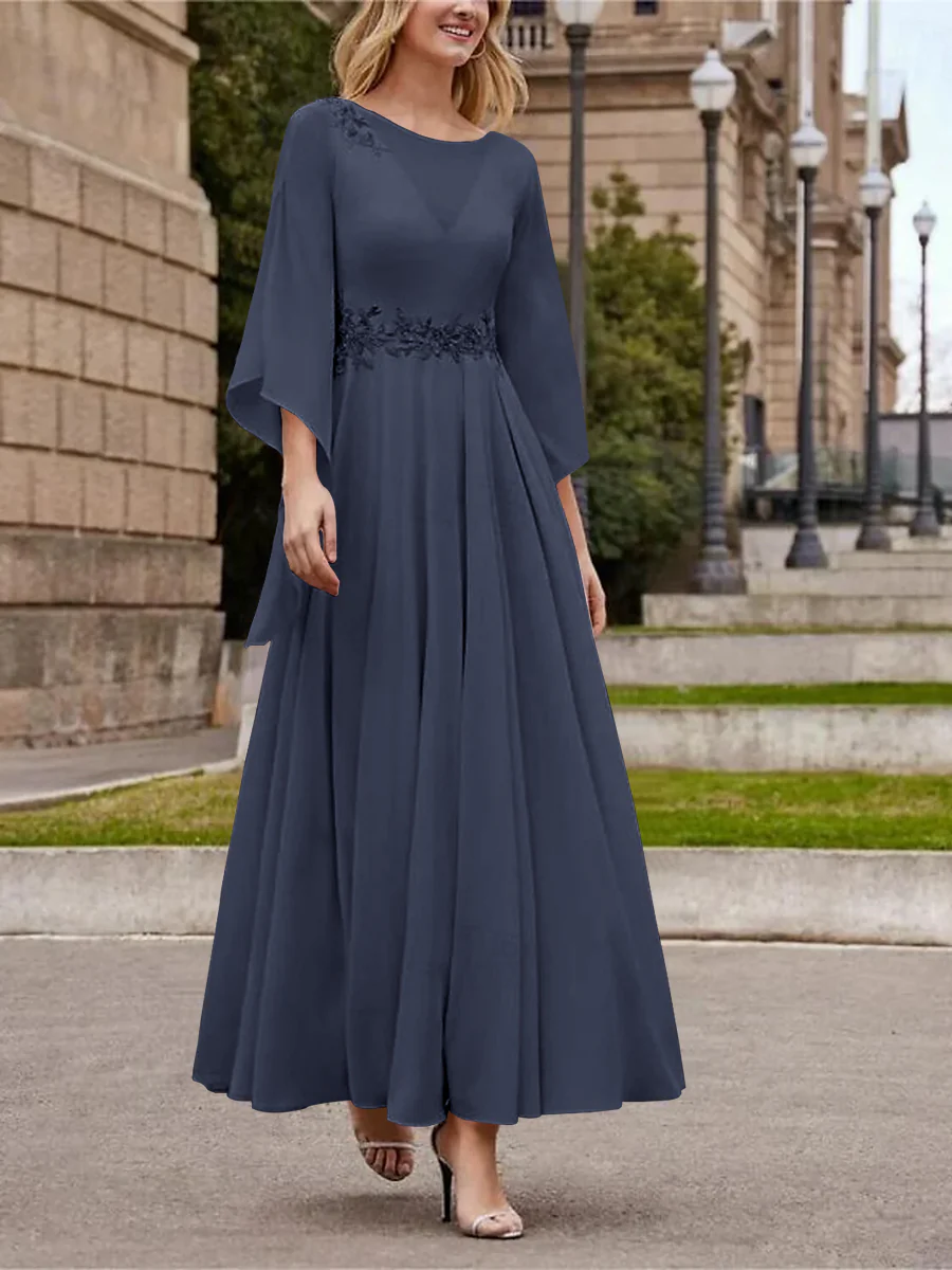 A-Line/Princess Jewel Neck 3/4 Length Sleeve Ankle-Length Mother of the Bride Dresses with Sequins - QUGEX