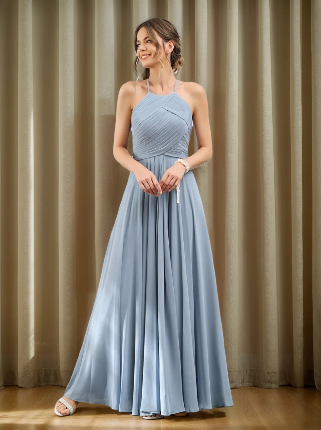 A-Line/Princess Halter Sleeveless Floor-Length Chiffon Bridesmaid Dresses with Ruched - QUGEX