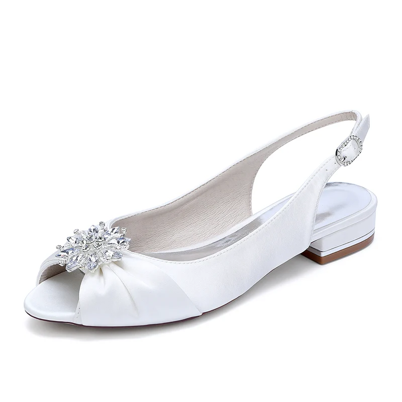 Women's Wedding Shoes Low Heel Peep Toe Buckle Bridal Shoes with Floral Crystals - QUGEX