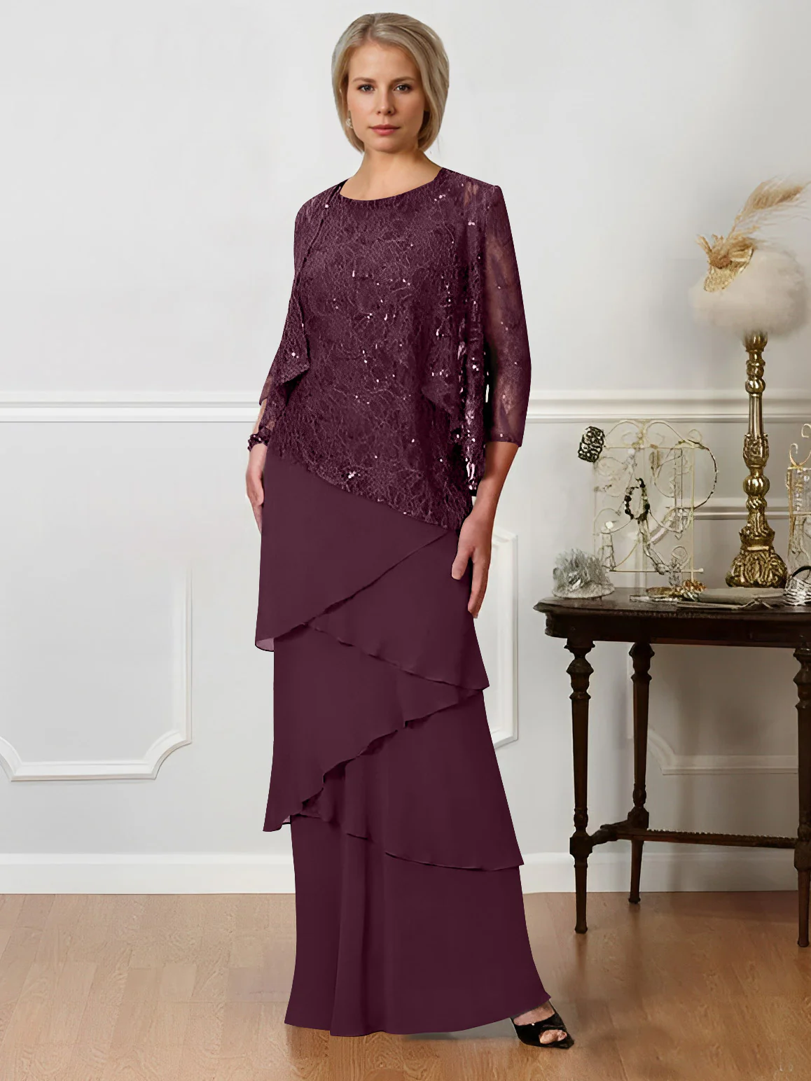 A-Line/Princess Jewel Neck Floor-Length Mother of the Bride Dresses - QUGEX