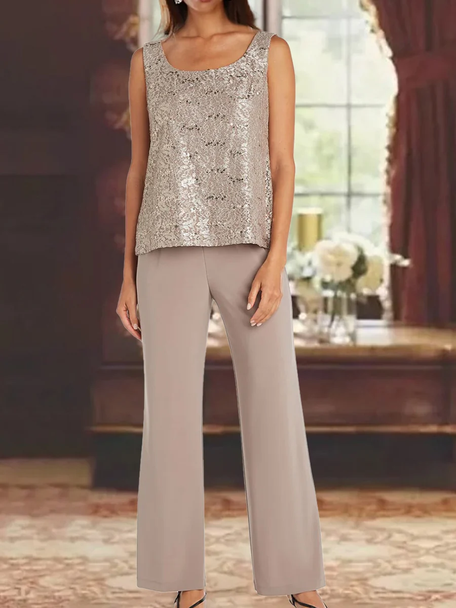 Chiffon Scoop 3/4 Sleeves Mother of the Bride Pantsuits with Lace Jacket Ankle-Length - QUGEX