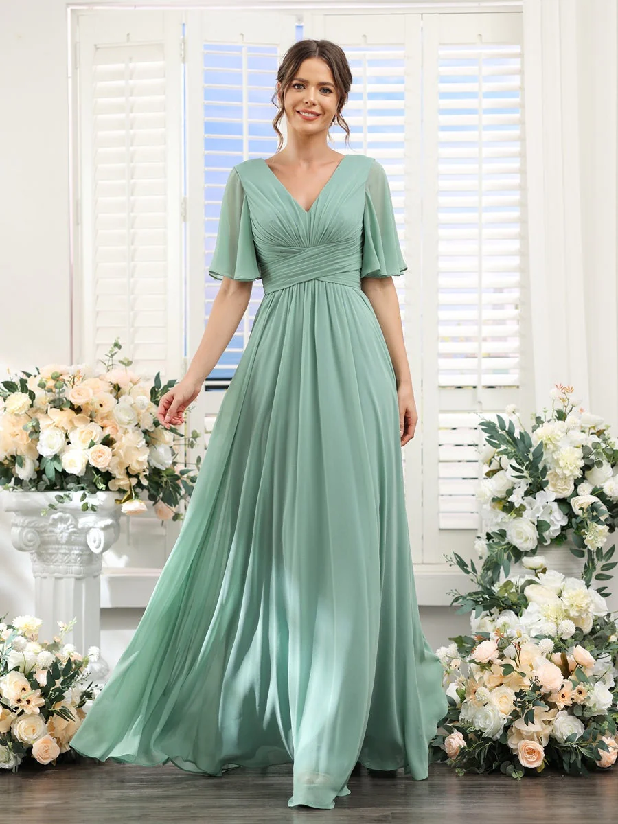 A-Line/Princess V-Neck Half Sleeves Chiffon Bridesmaid Dresses With Pockets & Split Side - QUGEX