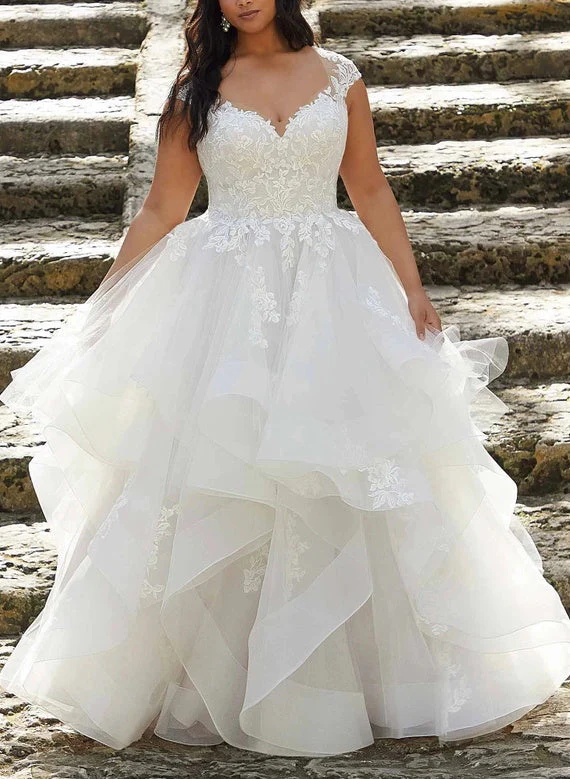 A-Line/Princess V-Neck Plus Size Lace Wedding Dress with Applique & Ruffles - QUGEX