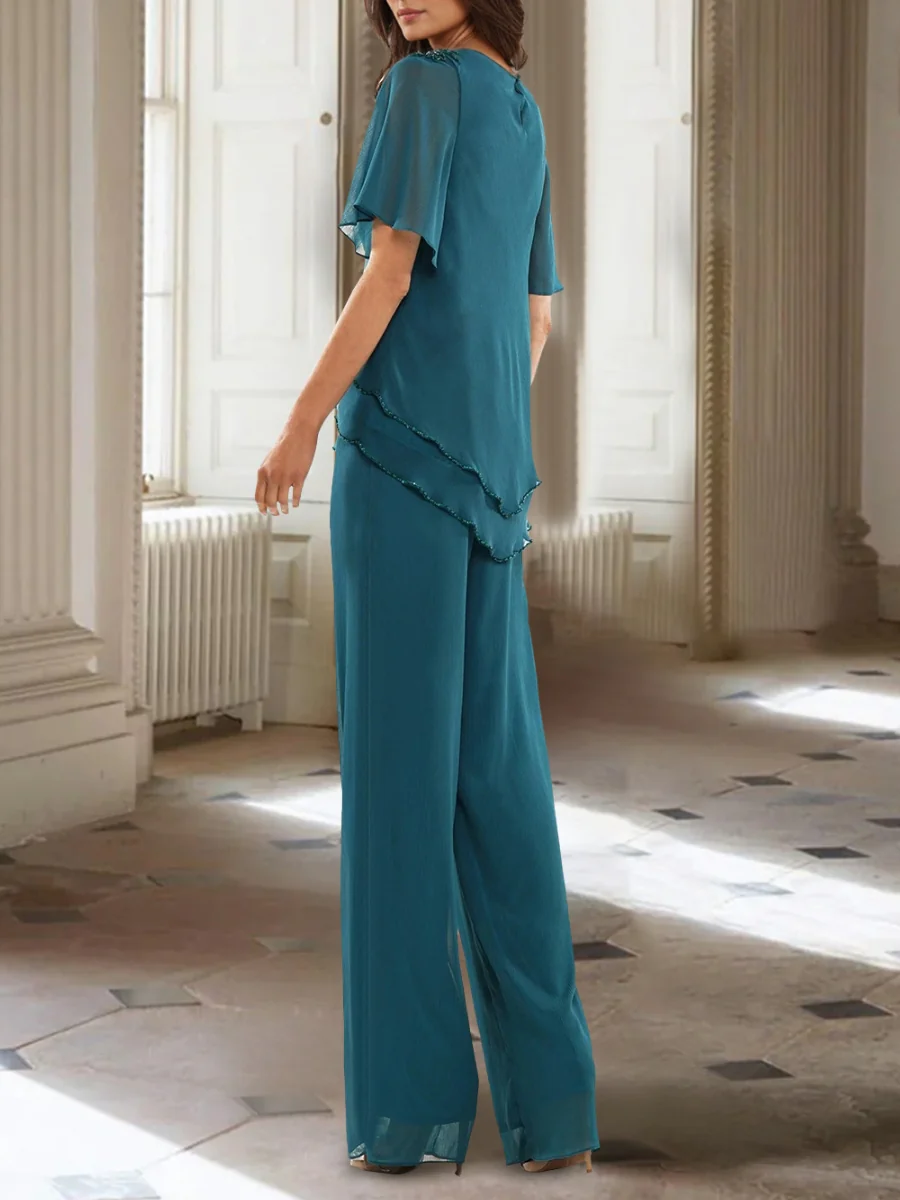 Chiffon Scoop Half Sleeves Asymmetrical Mother of the Bride Pantsuits with Ruffles Ankle-Length - QUGEX