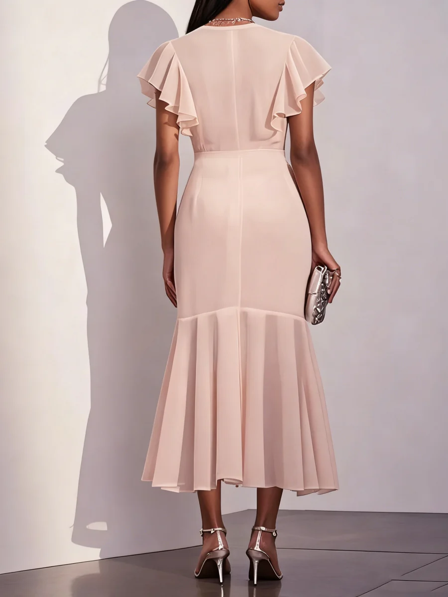 Trumpet/Mermaid V-Neck Chiffon Wedding Guest Dresses Asymmetrical Tea-Length Cocktail Dress - QUGEX