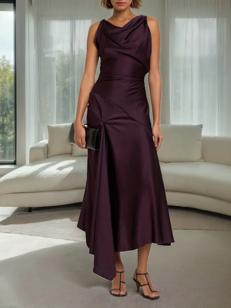 Sheath/Column Cowl Neck Ruched Sleeveless Asymmetrical Elegant Wedding Guest Dress - QUGEX