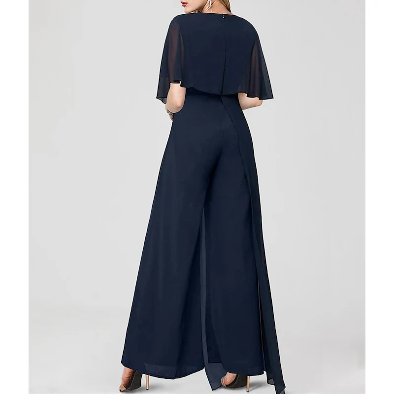 Jumpsuits Short Sleeves Jewel Neck Wedding Guest Dress with Fringe - QUGEX