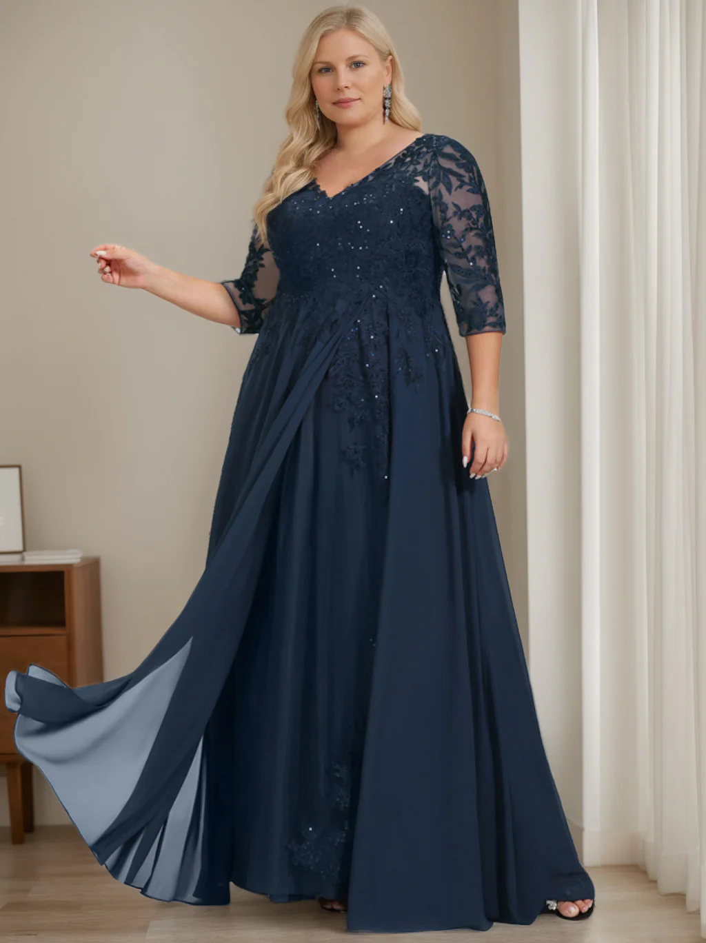 A-Line/Princess V-Neck Half Sleeves Floor-Length Plus Size Mother of the Bride Dresses with Sequins - QUGEX