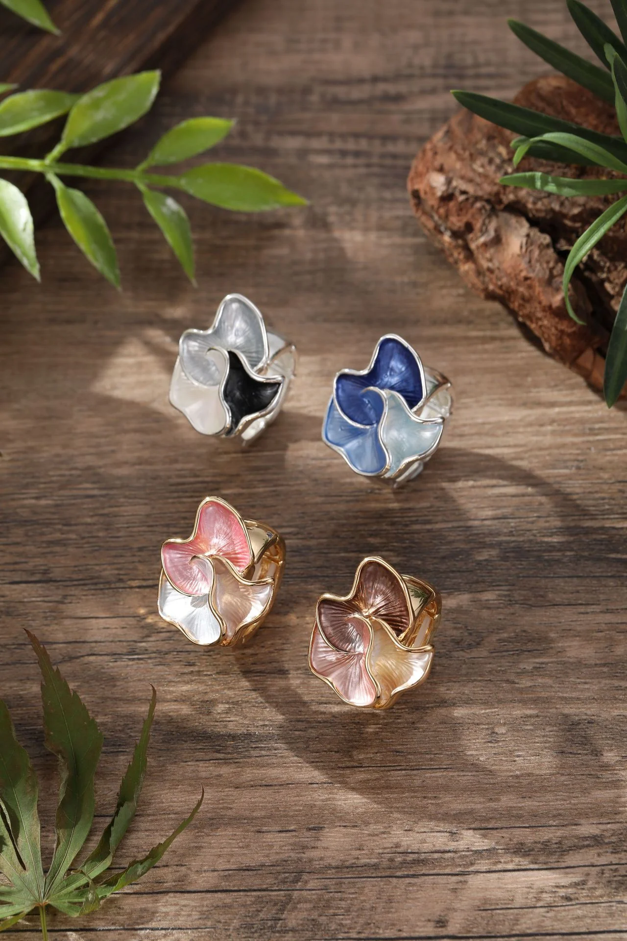 High-End Retro Enamel Irregular Petal Earrings Necklace Ring 3 Pieces Jewelry Set - QUGEX