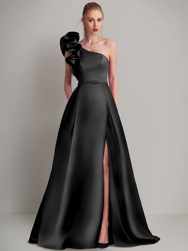 A-Line Floor Length Sleeveless One Shoulder Wedding Guest Dress   Satin with Pocket Shoulder Flower - QUGEX