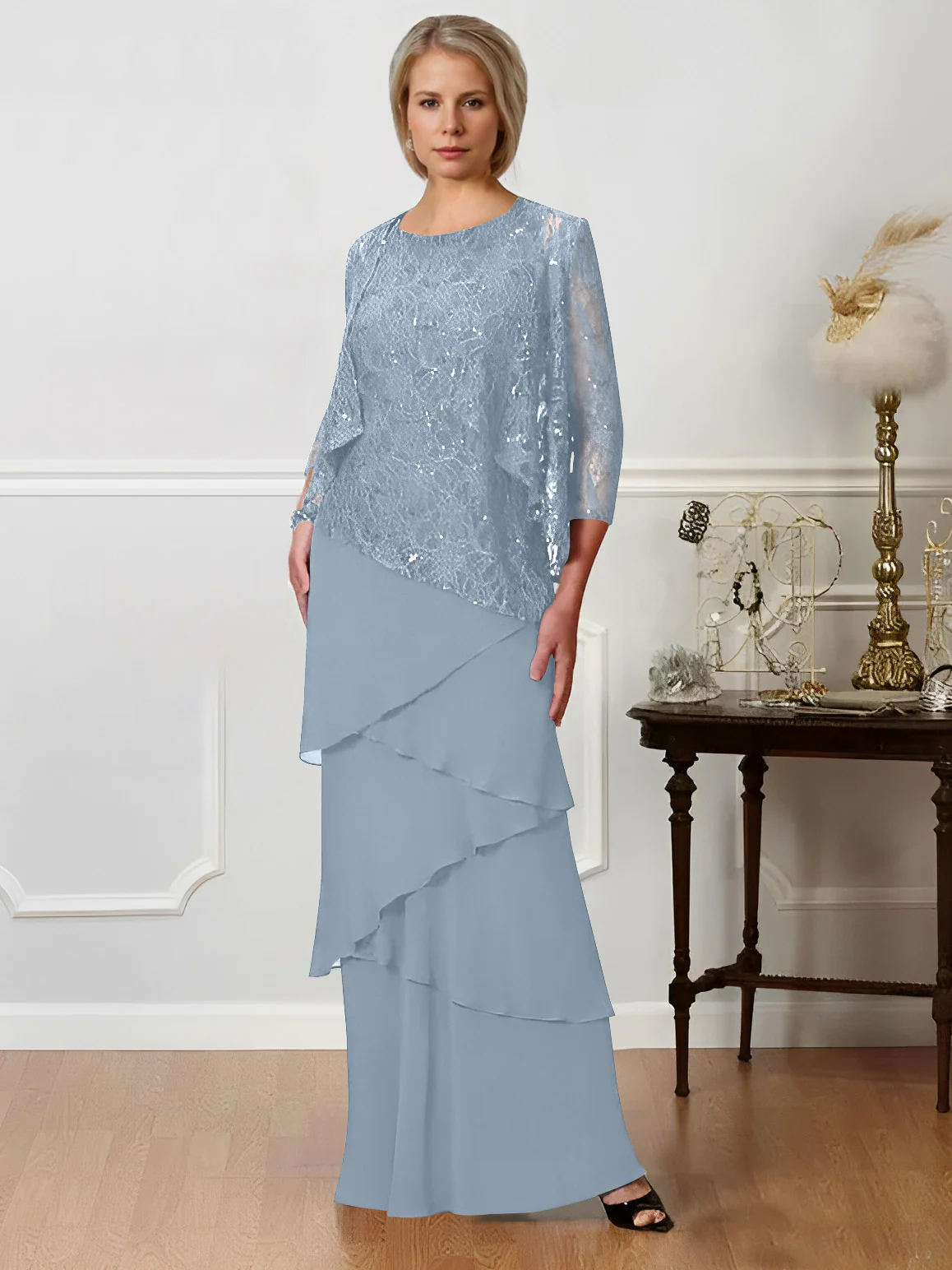 A-Line/Princess Jewel Neck Floor-Length Mother of the Bride Dresses - QUGEX