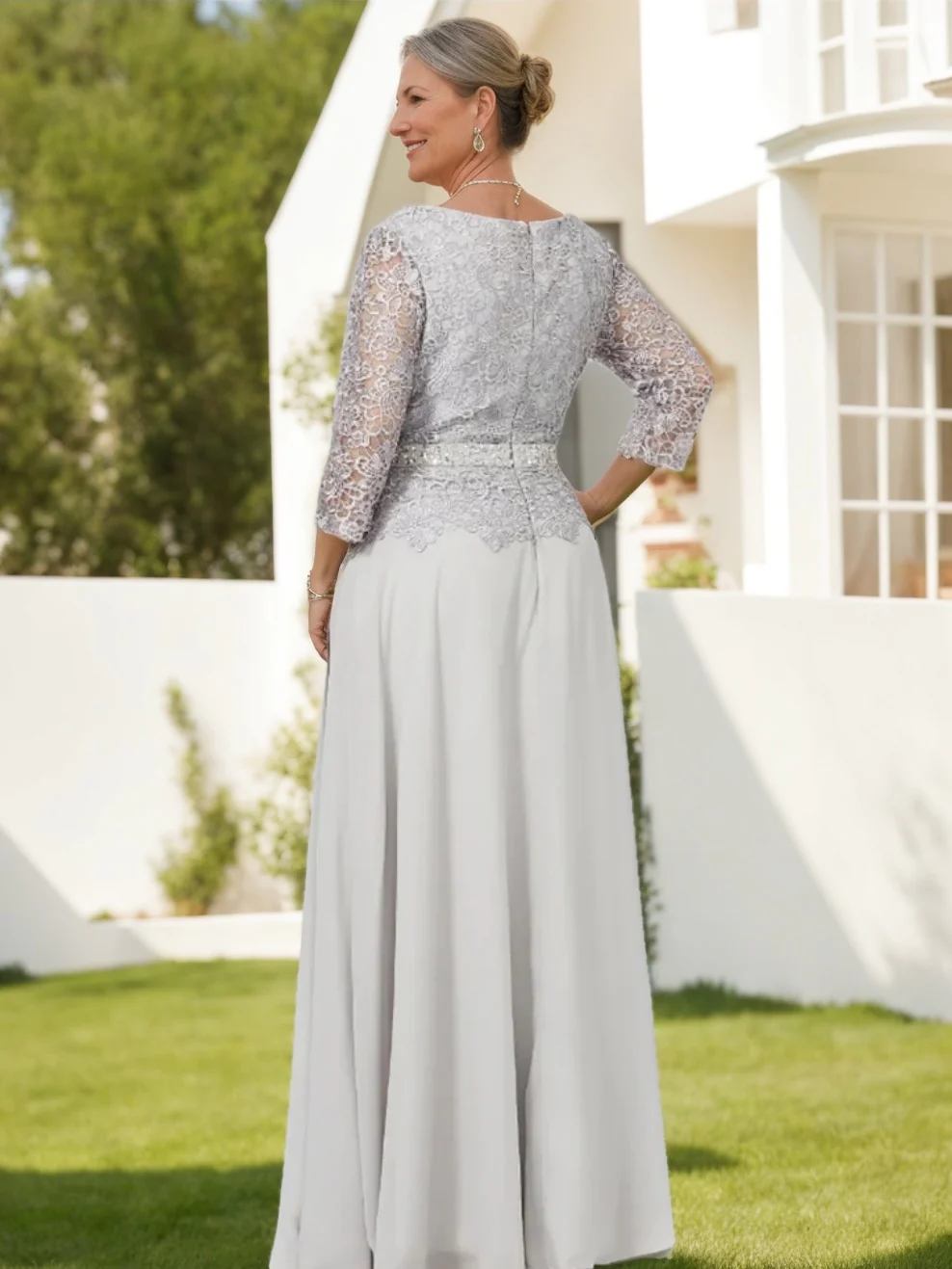 A-Line/Princess Round Neck 3/4 Length Sleeves Floor-Length Mother of the Bride Dresses with Applique & Sequins - QUGEX