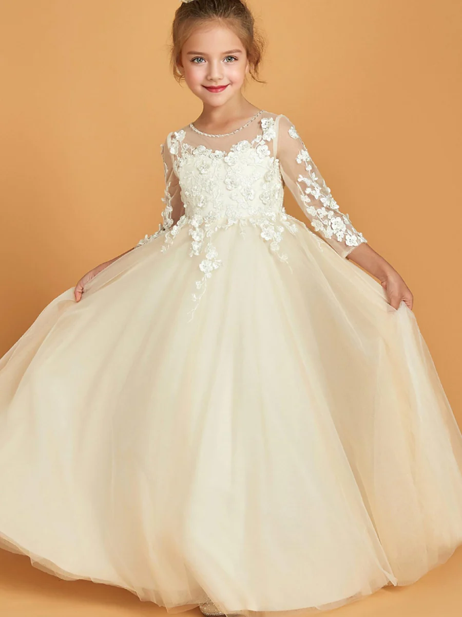 A-Line/Princess Scoop 3/4 Sleeves Flower Girl Dresses with Appliques & Pearl - QUGEX