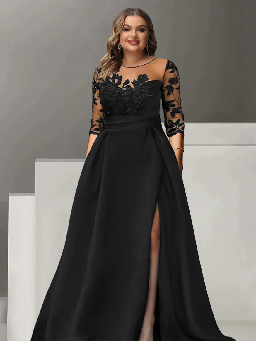 A-Line/Princess Sweetheart 3/4 Sleeves Floor-Length Plus Size Mother Of The Bride Dresses With Lace & Split Side - QUGEX